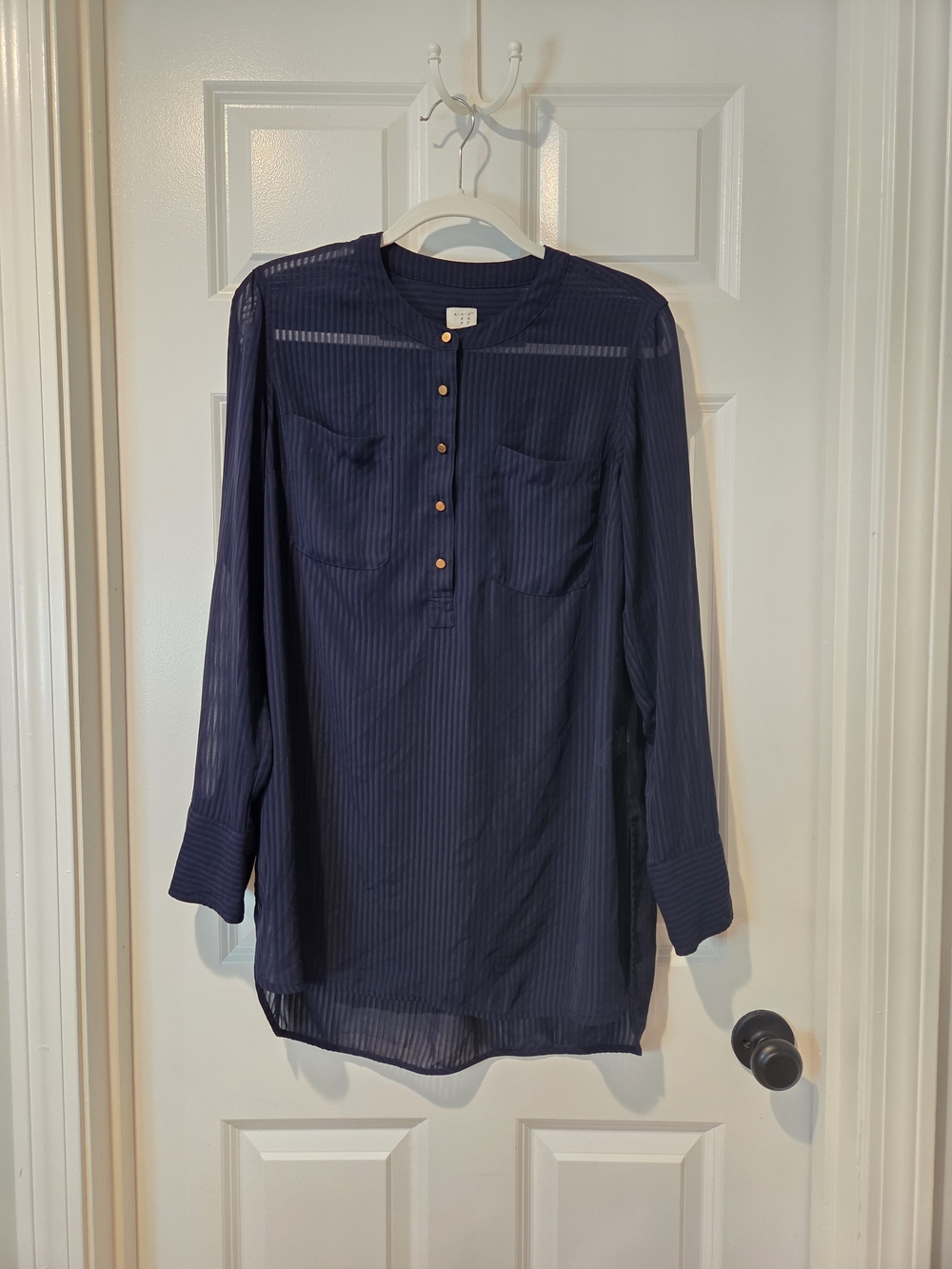 a new day Navy Long-Sleeve Sheer Stripe Tunic Blouse